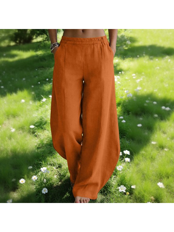 Women's Linen Blend Culottes,Casual Wide Leg Palazzo Pants with Curved Hem Orange,Womens Plus L