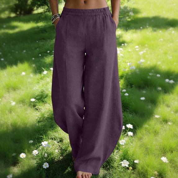 ClodeEU Women's Linen Blend Culottes,Casual Wide Leg Palazzo Pants with Curved Hem Purple,Womens Plus S