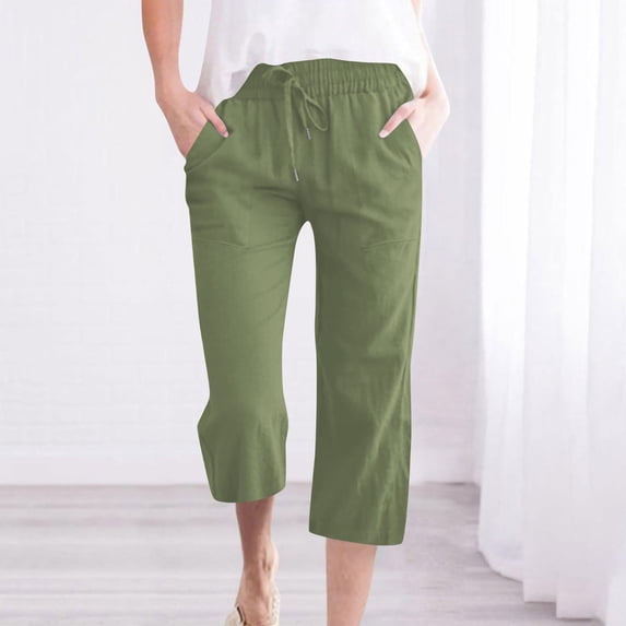 ClodeEU Women's Linen Blend Drawstring Cropped Pants ,Loose Fit Wide Leg Straight Trousers with Pockets Green,Womens Plus XXXL