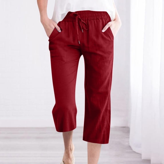 ClodeEU Women's Linen Blend Drawstring Cropped Pants ,Loose Fit Wide Leg Straight Trousers with Pockets Red,Womens Plus XXXXL