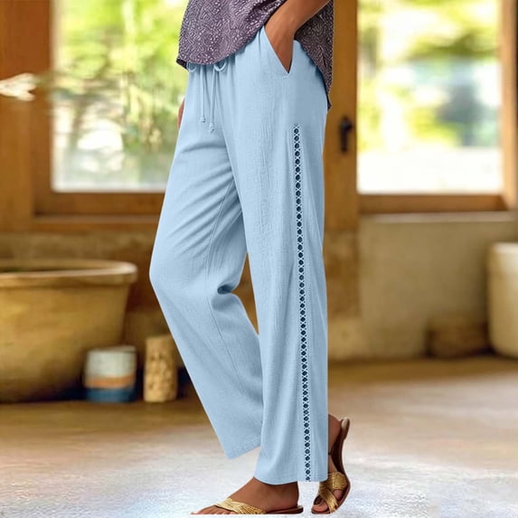 ClodeEU Women's Linen Blend Drawstring Elastic Waist Straight Leg Pants with Pockets and Side Cutout,Loose Fit Summer Trousers Sky Blue,Women's Plus S