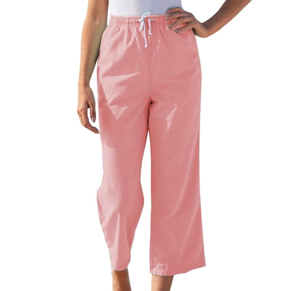 ClodeEU Women's Linen Blend Drawstring Wide Leg Cropped Pant , Loose Fit Casual Straight Leg Pant Pink,Womens Plus L