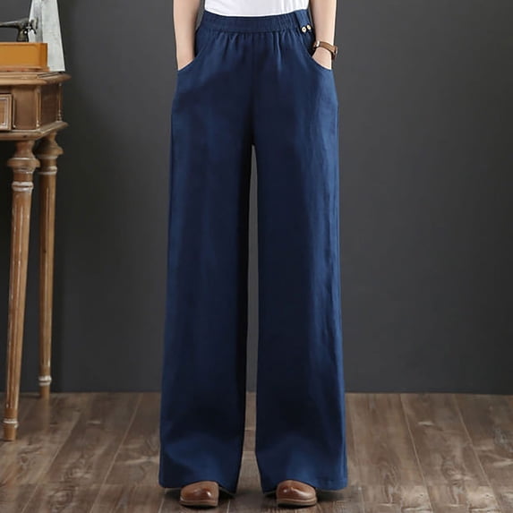 ClodeEU Women's Linen Blend Drawstring Wide Leg Pants ,Straight Fit Casual Trousers with Pockets Navy,Womens Plus XXXL