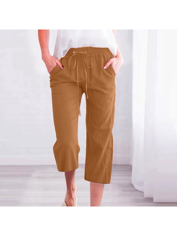 Women's Linen Blend Drawstring Wide Leg Straight Cropped Pants with Pockets ,Solid Color Casual Capri Trousers Coffee^,Womens Plus XXXXL