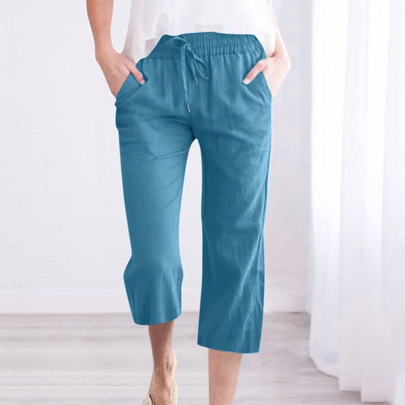 ClodeEU Women's Linen Blend Drawstring Wide Leg Straight Cropped Pants with Pockets ,Solid Color Casual Capri Trousers Dark Blue,Womens Plus S
