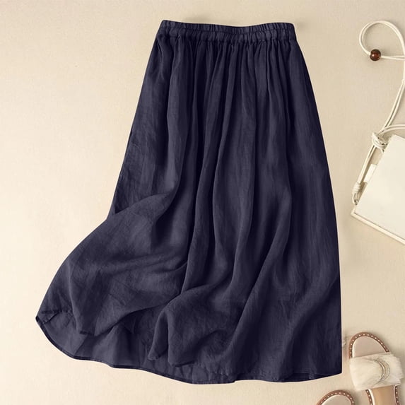 ClodeEU Women's Linen Blend Elastic Waist A Line Midi Skirt , Solid Color Casual Loose Cozy Skirt Navy,Womens Plus XXL