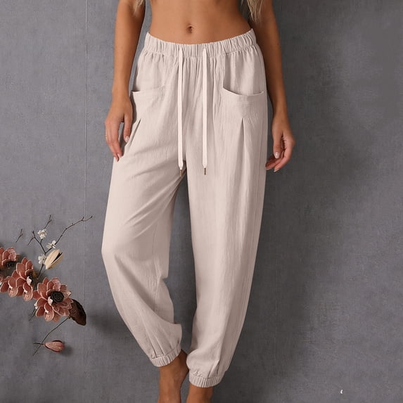 ClodeEU Women's Linen Blend Elastic Waist Harem Pants with Drawstring ,Solid Color Casual Summer Pant with Pockets Beige,Women's Plus S