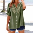 thumbnail image 1 of ClodeEU Women's Linen Blend Embroidered Short Sleeve Shirt,Casual Crewneck Blouse Top Army Green,Womens Plus L, 1 of 6