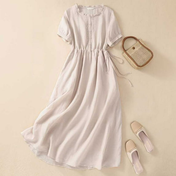 ClodeEU Women's Linen Blend Lightweight Maxi Dress ,Solid Color Slim Casual Office Summer Dress Beige,Womens Plus XXL
