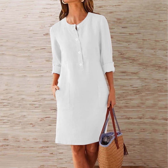 ClodeEU Women's Linen Blend Long Sleeve Crewneck Button Dress with Pockets ,Casual Midi Dress White,Womens Plus L
