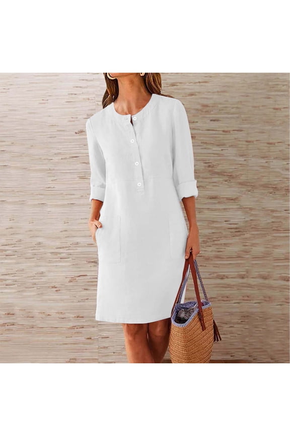 U Women's Linen Blend Long Sleeve Crewneck Button Dress with Pockets ,Casual Midi Dress White,Womens Plus XXL