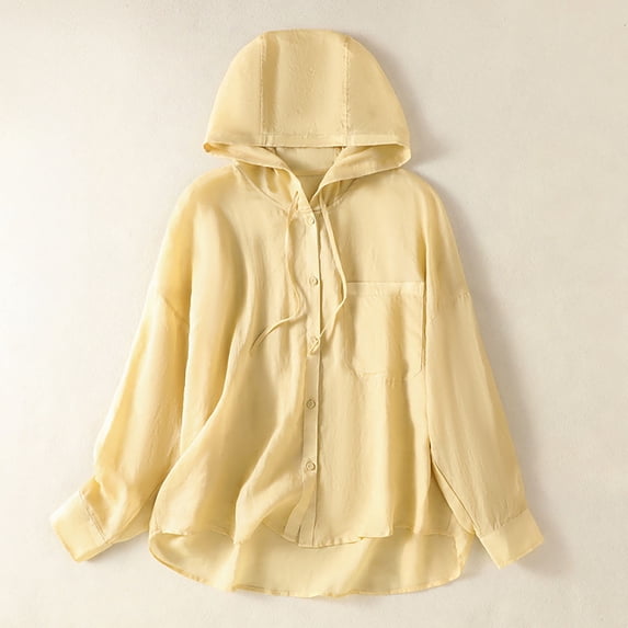 ClodeEU Women's Linen Blend Long Sleeve Hooded Button Down Shirt,Breathable Sun Protection Loose Fit Top Yellow,Women's Plus L