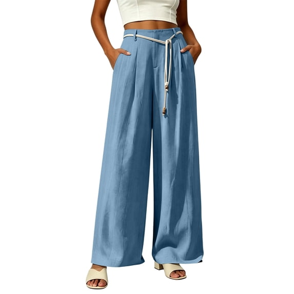 ClodeEU Women's Linen Blend Loose Fit Pants with Pockets ,Solid Color Casual Summer Long Trousers Blue,Women's Plus XXL