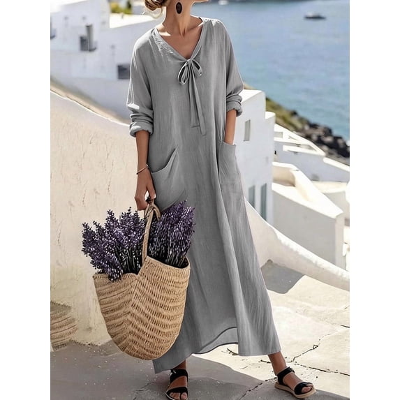 ClodeEU Women's Linen Blend Oversized Maxi Shirt Dress,Casual Loose Summer Beach Cover Up with Pockets Gray,Women's Plus M