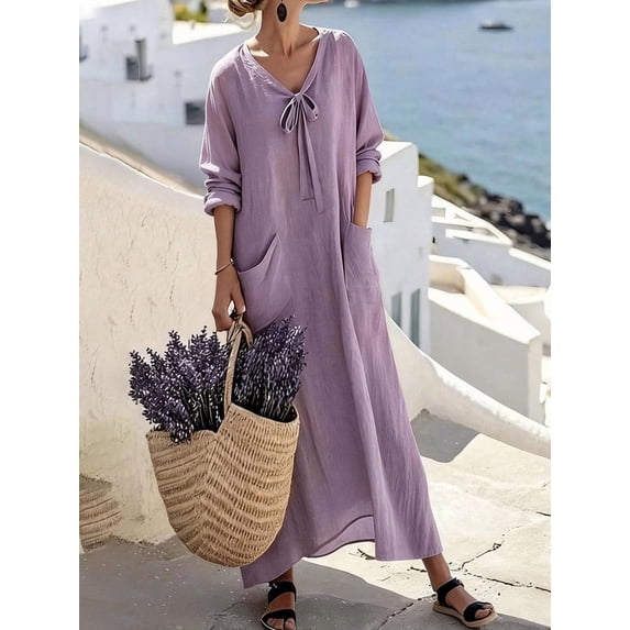 ClodeEU Women's Linen Blend Oversized Maxi Shirt Dress,Casual Loose Summer Beach Cover Up with Pockets Purple,Women's Plus XL