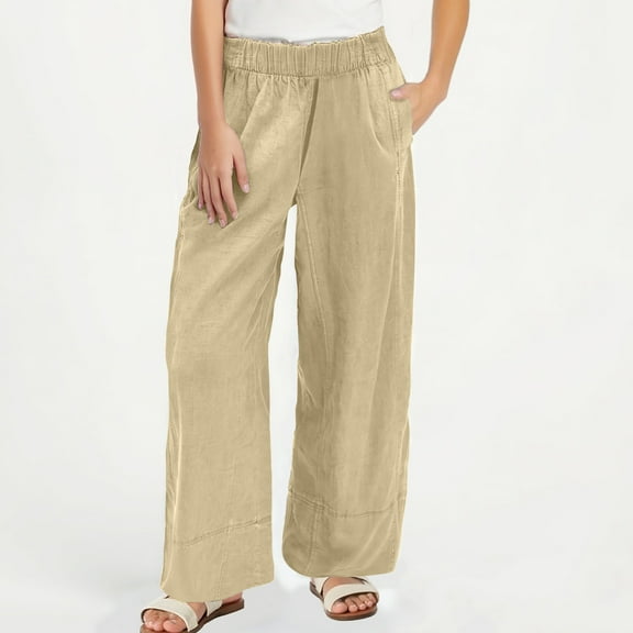ClodeEU Women's Linen Blend Pant ,Mid Waist Elastic Waist Wide Leg Pant,Loose Fit Casual Trousers Khaki,Womens Plus XXL
