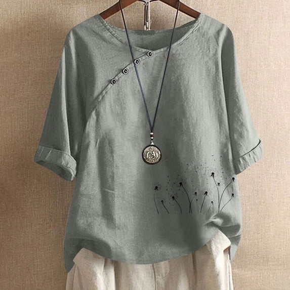 ClodeEU Women's Linen Blend Printed Short Sleeve Top ,Casual Loose Button Blouse Gray,Womens Plus L