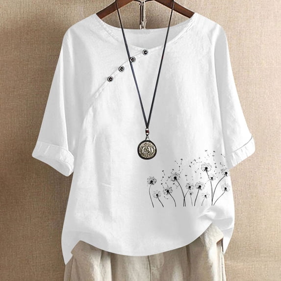 ClodeEU Women's Linen Blend Printed Short Sleeve Top ,Casual Loose Button Blouse White,Womens Plus XXL