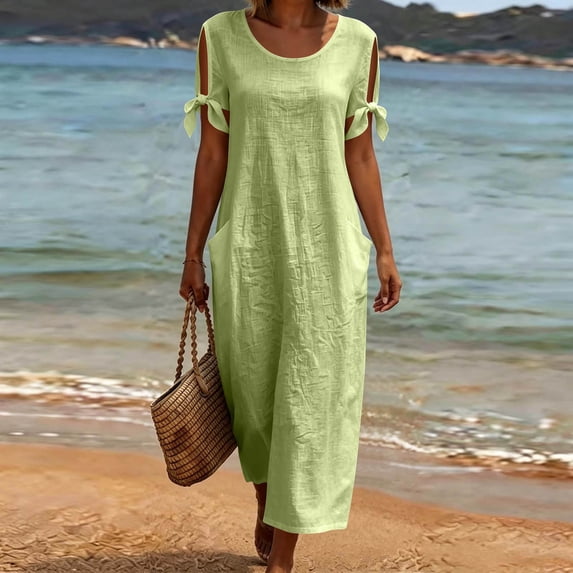 ClodeEU Women's Linen Blend Round Neck Short Sleeve Maxi Dress,Casual Loose Fit Summer Dress Green,Women's Plus XXL