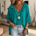 thumbnail image 1 of ClodeEU Women's Linen Blend Ruffle V Neck Half Sleeve Blouse,Casual Loose Solid Shirt Top Blue,Women's Plus L, 1 of 7