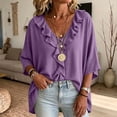 thumbnail image 1 of ClodeEU Women's Linen Blend Ruffle V Neck Half Sleeve Blouse,Casual Loose Solid Shirt Top Purple,Women's Plus M, 1 of 7