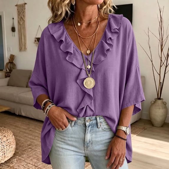 ClodeEU Women's Linen Blend Ruffle V Neck Half Sleeve Blouse,Casual Loose Solid Shirt Top Purple,Women's Plus M
