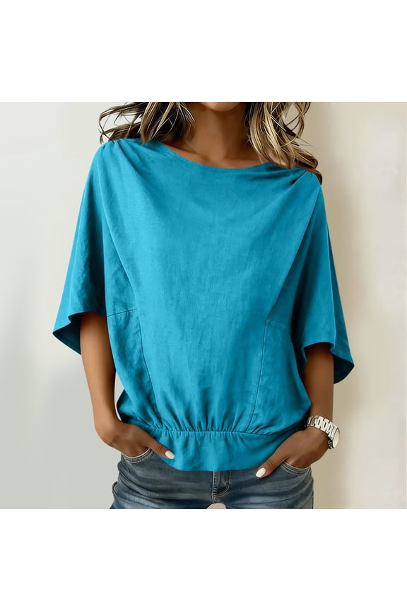 Women's Linen Blend Shirt with Shoulder Ruffle ,Mid Sleeve Solid Color Casual Top with Tunic Hem Blue,Womens Plus S