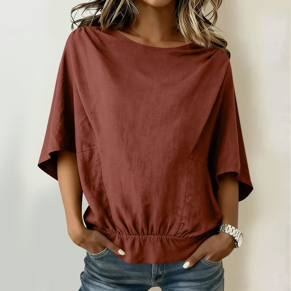 ClodeEU Women's Linen Blend Shirt with Shoulder Ruffle ,Mid Sleeve Solid Color Casual Top with Tunic Hem Bronze,Womens Plus XXL