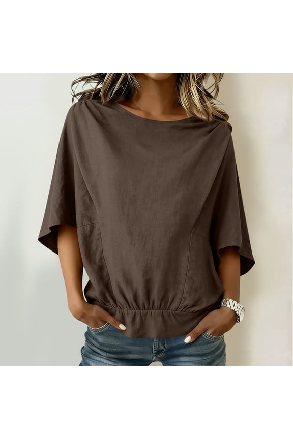 Women's Linen Blend Shirt with Shoulder Ruffle ,Mid Sleeve Solid Color Casual Top with Tunic Hem Brown,Womens Plus M