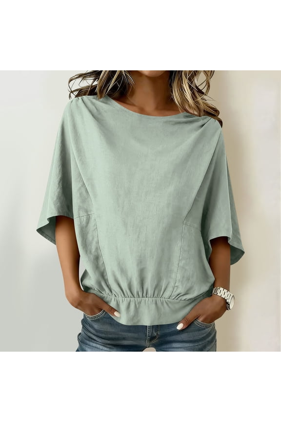Women's Linen Blend Shirt with Shoulder Ruffle ,Mid Sleeve Solid Color Casual Top with Tunic Hem Green,Womens Plus M
