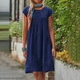 thumbnail image 1 of ClodeEU Women's Linen Blend Short Sleeve Crewneck Loose Fit Dress with Pleated ,Solid Color Casual Midi Dress Dark Blue,Womens Plus XXXXXL, 1 of 8