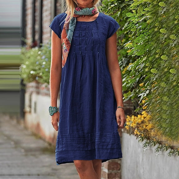 ClodeEU Women's Linen Blend Short Sleeve Crewneck Loose Fit Dress with Pleated ,Solid Color Casual Midi Dress Dark Blue,Womens Plus XXXXXL