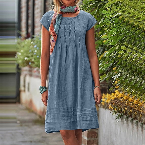 ClodeEU Women's Linen Blend Short Sleeve Crewneck Loose Fit Dress with Pleated ,Solid Color Casual Midi Dress Navy,Womens Plus XXXXXL