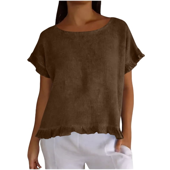 ClodeEU Women's Linen Blend Short Sleeve Crewneck Shirt ,Casual Cropped Loose Tops ,Women's Plus XXL