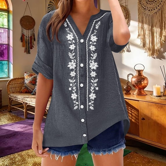 ClodeEU Women's Linen Blend Short Sleeve T-Shirt ,Casual Loose Crewneck Pullover Dark Gray,Womens Plus L