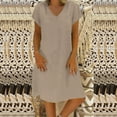 thumbnail image 1 of ClodeEU Women's Linen Blend Short Sleeve V Neck Loose Fit Dress ,Solid Color Casual Summer Midi Dress Khaki^,Womens Plus XL, 1 of 5