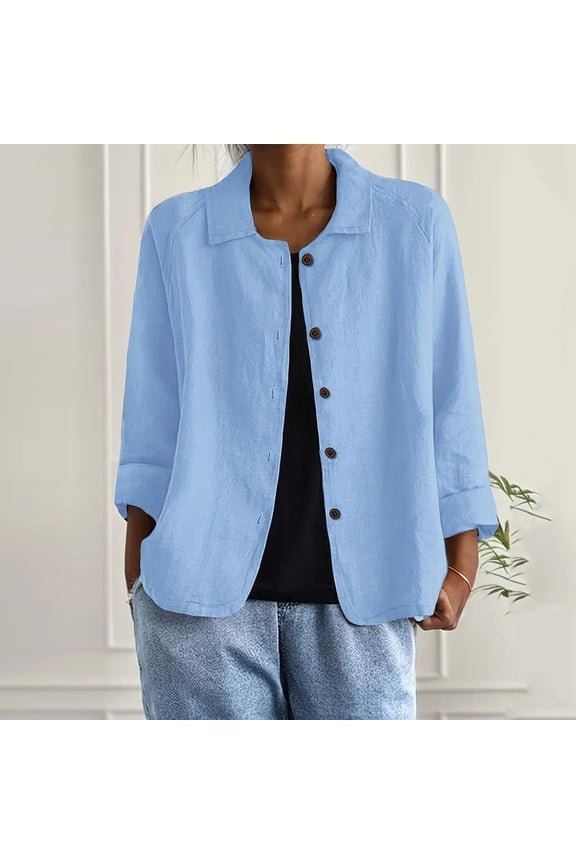 Women's Linen Blend Single Breasted Notch Collar Long Sleeve Shirt ,Loose Fit Casual Blouse Light Blue,Womens Plus XXXL