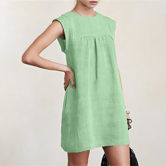 ClodeEU Women's Linen Blend Sleeveless Crewneck Dress,Solid Color Casual Summer Mini Dress Green,Women's Plus L