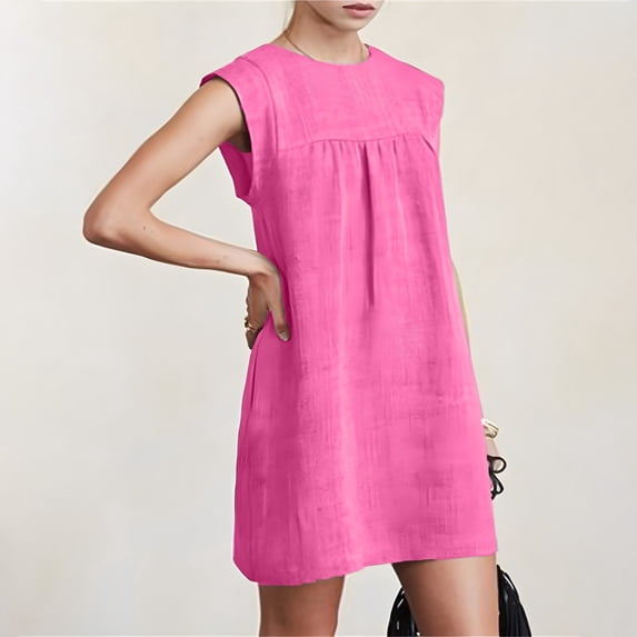 ClodeEU Women's Linen Blend Sleeveless Crewneck Dress,Solid Color Casual Summer Mini Dress Red,Women's Plus XXL