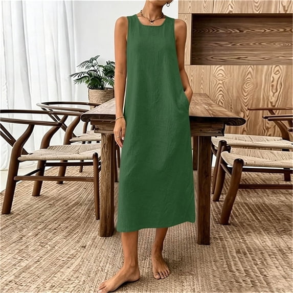 ClodeEU Women's Linen Blend Sleeveless Crewneck Dress with Back Zipper ,Casual Solid Color Midi Dress with Pockets Army Green,Women's Plus L