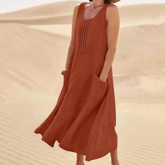 ClodeEU Women's Linen Blend Sleeveless Crewneck Maxi Dress with Pleated and Pockets ,Solid Color Casual Long Dress Watermelon Red,Womens Plus L