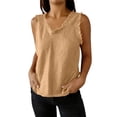 thumbnail image 1 of ClodeEU Women's Linen Blend Sleeveless Crewneck Top with Fringe Patchwork ,Solid Color Casual Tank Khaki,Womens Plus XXXL, 1 of 7