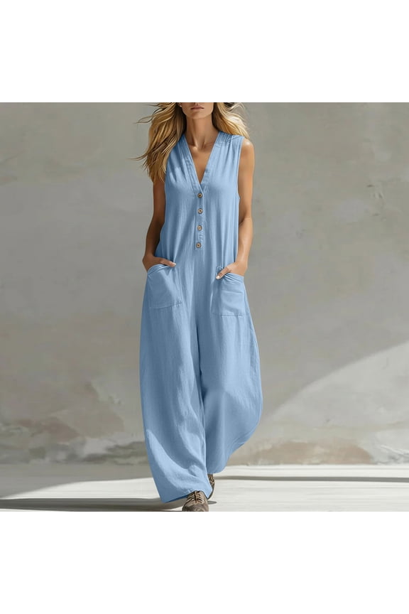 Women's Linen Blend Sleeveless Jumpsuit ,Solid Color Casual Long Romper Blue,Womens Plus L