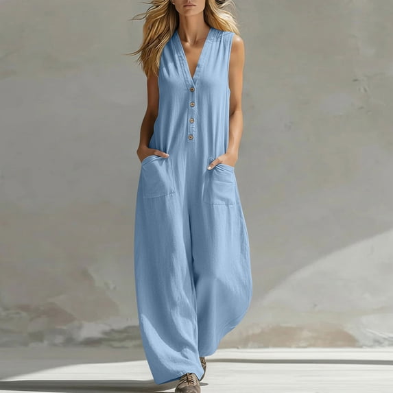 ClodeEU Women's Linen Blend Sleeveless Jumpsuit ,Solid Color Casual Long Romper Blue,Womens Plus L