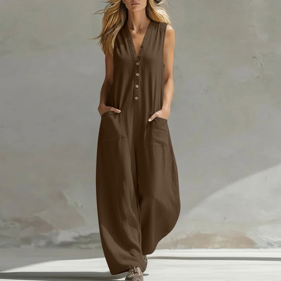 ClodeEU Women's Linen Blend Sleeveless Jumpsuit ,Solid Color Casual Long Romper Coffee,Womens Plus XL
