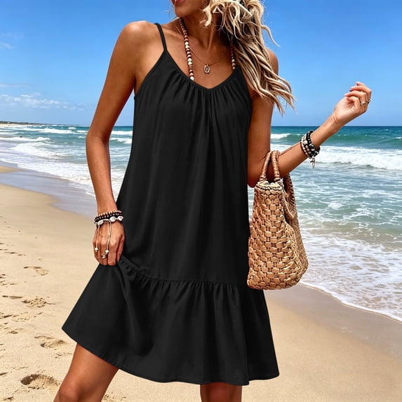 ClodeEU Women's Linen Blend Spaghetti Strap Sundress with Ruffle Hem ,Casual Sleeveless Beach Vacation Dress Black,Women's Plus L