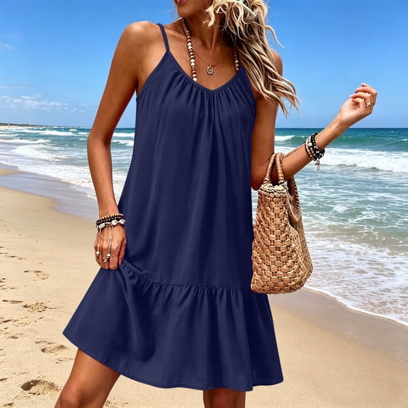 ClodeEU Women's Linen Blend Spaghetti Strap Sundress with Ruffle Hem ,Casual Sleeveless Beach Vacation Dress Navy,Women's Plus XXL