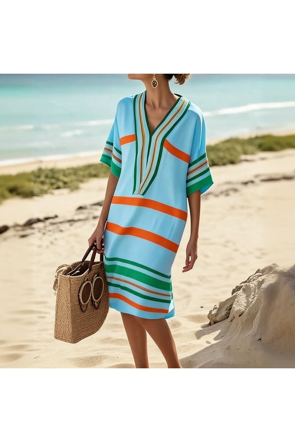 U Women's Linen Blend Striped Print V Neck 3/4 Sleeve Dress ,Loose Fit Casual Vacation Maxi Dress Mint Green,Womens Plus XXL