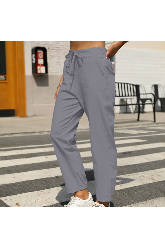 Women's Linen Blend Tapered Ankle Pants ,Casual Cropped Trousers with Drawstring Elastic Waist Gray,Womens Plus S