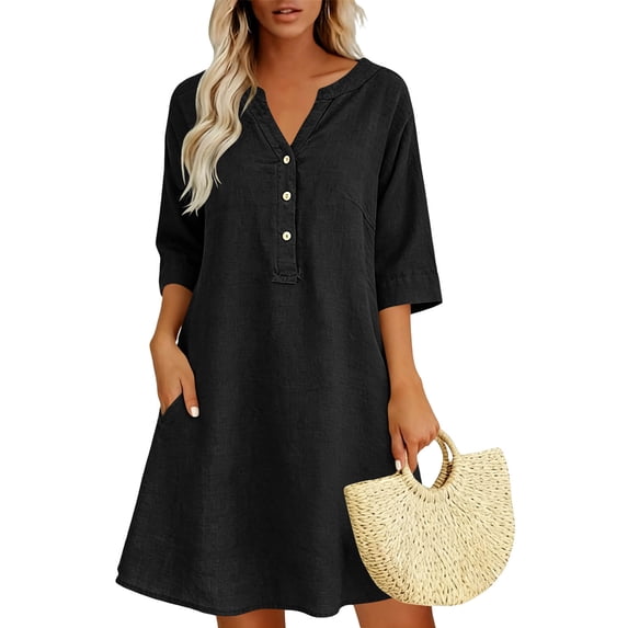 ClodeEU Women's Linen Blend V Neck 3/4 Sleeve Half Button Midi Dress with Pockets ,Solid Color Casual Summer Dress Black,Women's Plus XXL